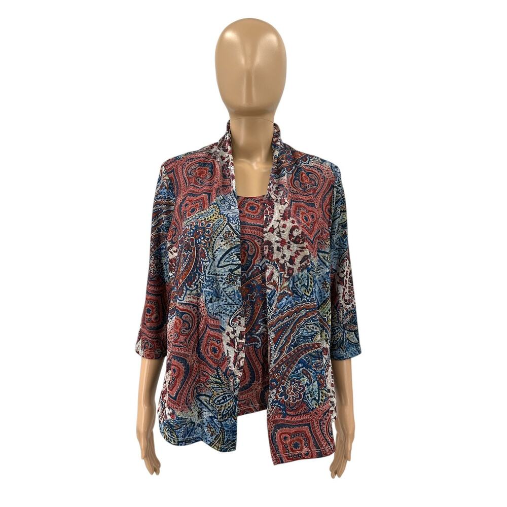 Alfred Dunner Petite Knit Multicolor Paisley Attached Tank Top Cardigan Size PS